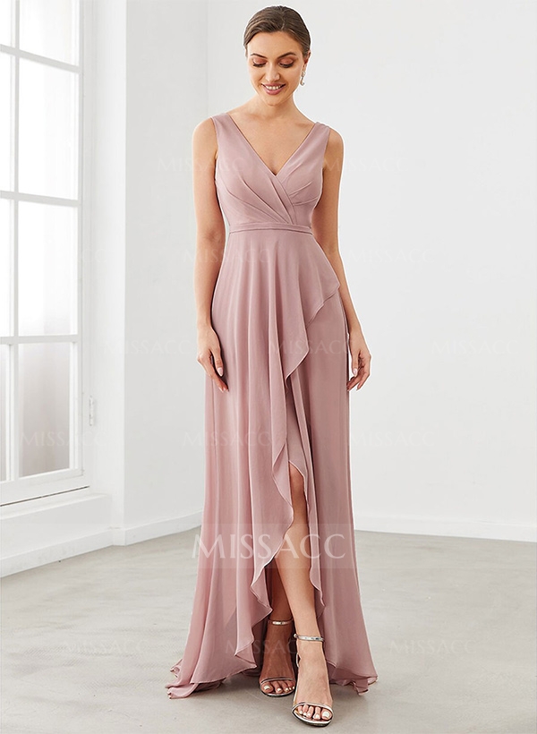 A-Line V-Neck Sleeveless Regular Straps Chiffon Asymmetrical Bridesmaid Dresses With Ruffle