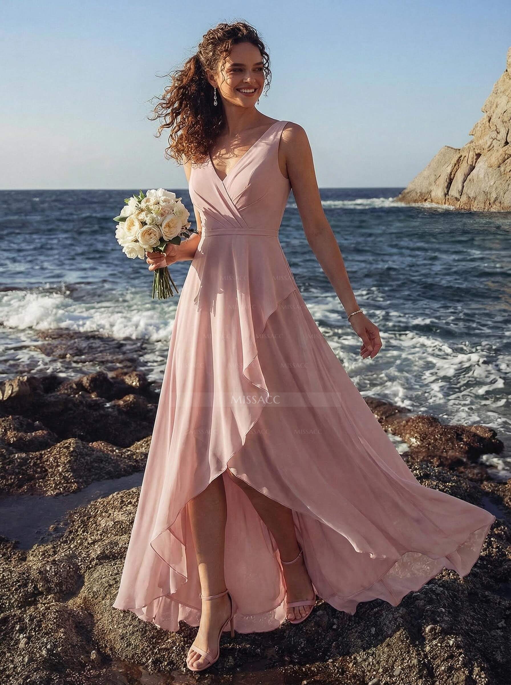 A-Line V-Neck Sleeveless Regular Straps Chiffon Asymmetrical Bridesmaid Dresses With Ruffle