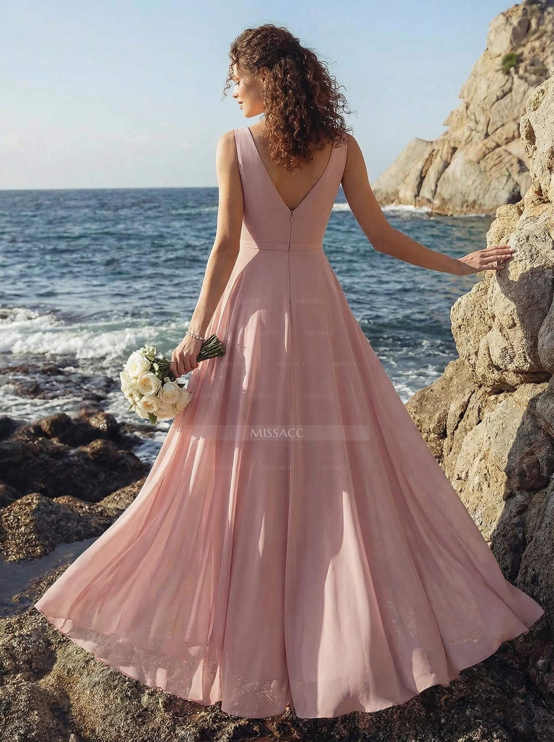 A-Line V-Neck Sleeveless Regular Straps Chiffon Asymmetrical Bridesmaid Dresses With Ruffle