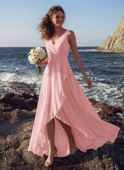 A-Line V-Neck Sleeveless Regular Straps Chiffon Asymmetrical Bridesmaid Dresses With Ruffle