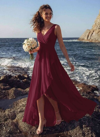 A-Line V-Neck Sleeveless Regular Straps Chiffon Asymmetrical Bridesmaid Dresses With Ruffle