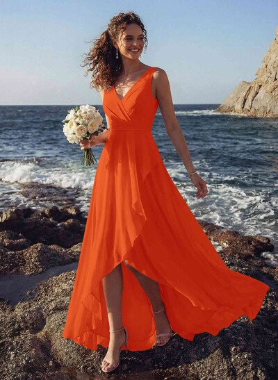 A-Line V-Neck Sleeveless Regular Straps Chiffon Asymmetrical Bridesmaid Dresses With Ruffle