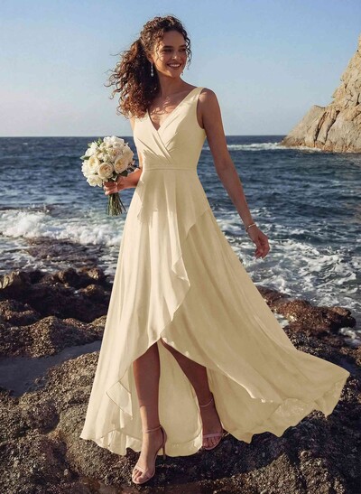 A-Line V-Neck Sleeveless Regular Straps Chiffon Asymmetrical Bridesmaid Dresses With Ruffle
