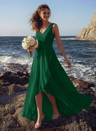 A-Line V-Neck Sleeveless Regular Straps Chiffon Asymmetrical Bridesmaid Dresses With Ruffle
