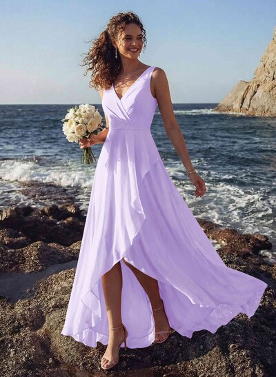 A-Line V-Neck Sleeveless Regular Straps Chiffon Asymmetrical Bridesmaid Dresses With Ruffle