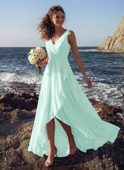A-Line V-Neck Sleeveless Regular Straps Chiffon Asymmetrical Bridesmaid Dresses With Ruffle