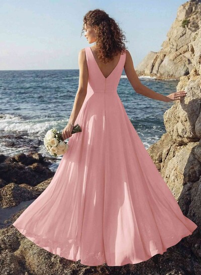 A-Line V-Neck Sleeveless Regular Straps Chiffon Asymmetrical Bridesmaid Dresses With Ruffle