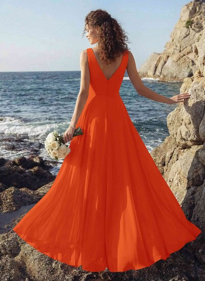 A-Line V-Neck Sleeveless Regular Straps Chiffon Asymmetrical Bridesmaid Dresses With Ruffle