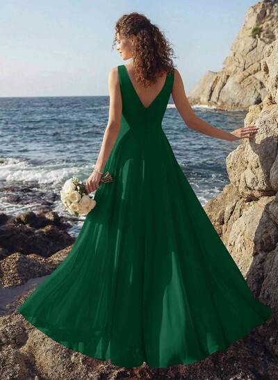 A-Line V-Neck Sleeveless Regular Straps Chiffon Asymmetrical Bridesmaid Dresses With Ruffle