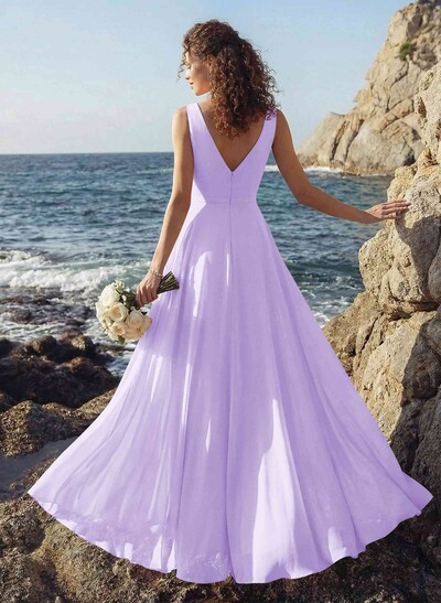 A-Line V-Neck Sleeveless Regular Straps Chiffon Asymmetrical Bridesmaid Dresses With Ruffle
