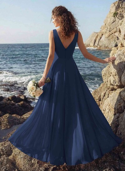 A-Line V-Neck Sleeveless Regular Straps Chiffon Asymmetrical Bridesmaid Dresses With Ruffle