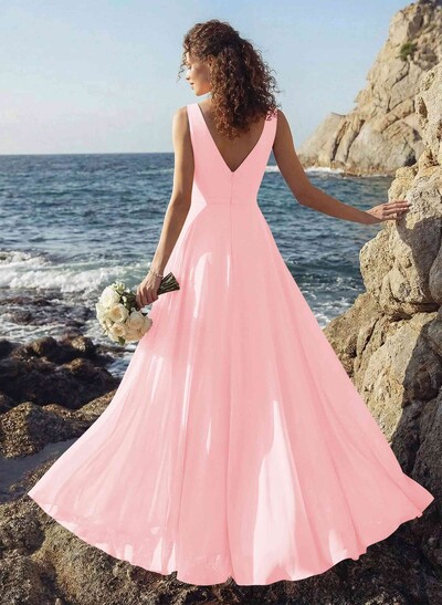 A-Line V-Neck Sleeveless Regular Straps Chiffon Asymmetrical Bridesmaid Dresses With Ruffle