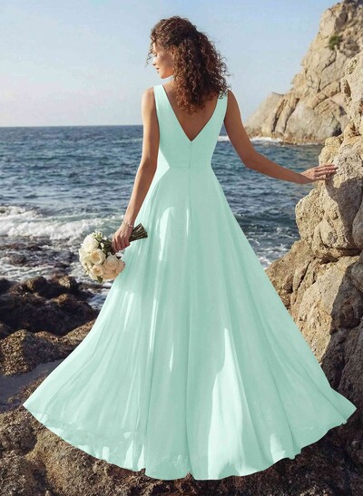 A-Line V-Neck Sleeveless Regular Straps Chiffon Asymmetrical Bridesmaid Dresses With Ruffle