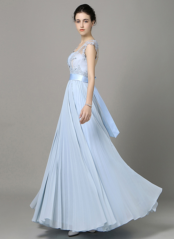 A-Line V-Neck Sleeveless Chiffon Floor-Length Bridesmaid Dresses With Sash Pleated