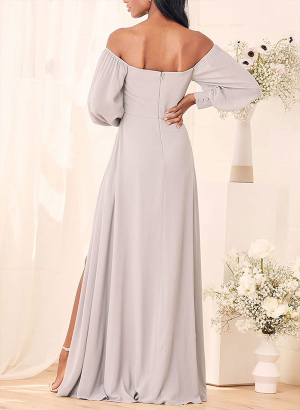 A-Line Square Neckline Long Sleeves Chiffon Floor-Length Bridesmaid Dresses With Sash Pleated