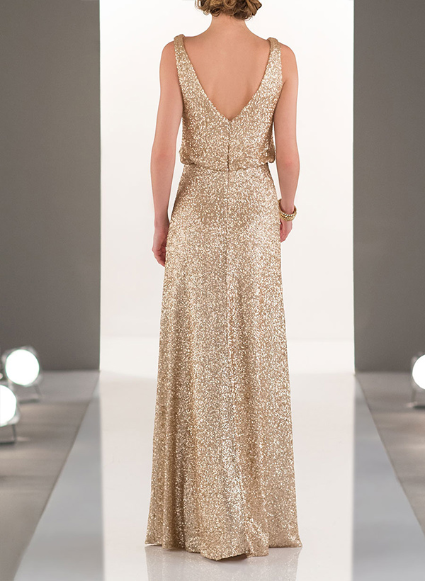 Sheath/Column V-Neck Sleeveless Sequined Floor-Length Bridesmaid Dresses With Sequins