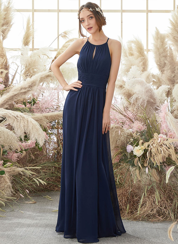 A-Line High Neck Sleeveless Spaghetti Straps chiffon Floor-Length Bridesmaid Dresses With Pleated