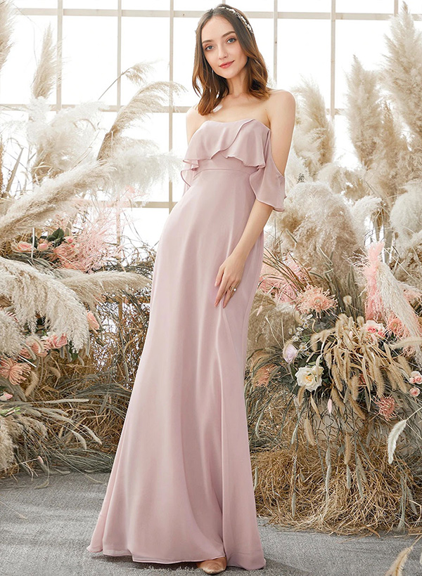 A-Line Off-the-Shoulder Short Sleeves Chiffon Floor-Length Bridesmaid Dresses With Ruffle