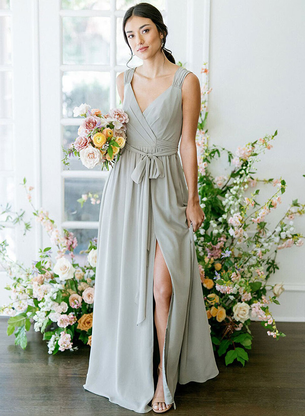 A-Line V-Neck Sleeveless Cap Straps Chiffon Floor-Length Bridesmaid Dresses With Pleated Sash