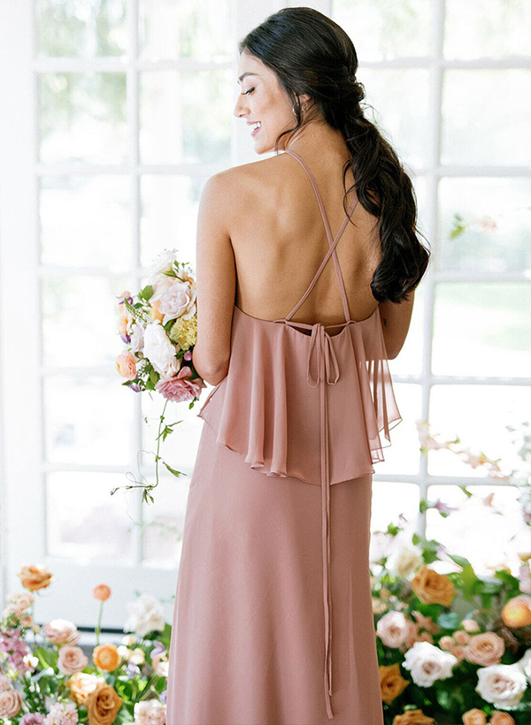 A-Line Halter Sleeveless Chiffon Floor-Length Bridesmaid Dresses With Bow(s) Ruffle