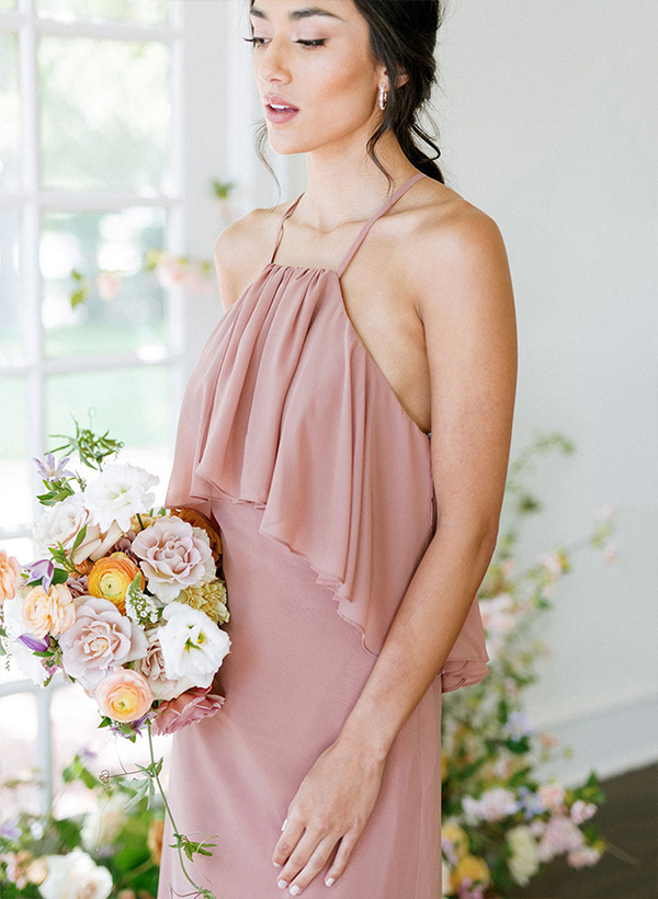 A-Line Halter Sleeveless Chiffon Floor-Length Bridesmaid Dresses With Bow(s) Ruffle