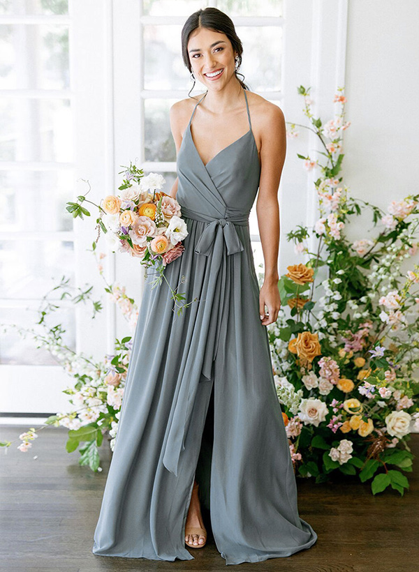 A-Line Halter Sleeveless Chiffon Floor-Length Bridesmaid Dresses With Pleated Sash