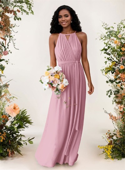 A-Line High Neck Sleeveless Chiffon Floor-Length Bridesmaid Dresses With Sash Pleated