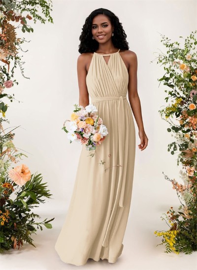 A-Line High Neck Sleeveless Chiffon Floor-Length Bridesmaid Dresses With Sash Pleated