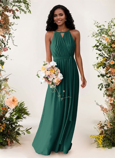 A-Line High Neck Sleeveless Chiffon Floor-Length Bridesmaid Dresses With Sash Pleated