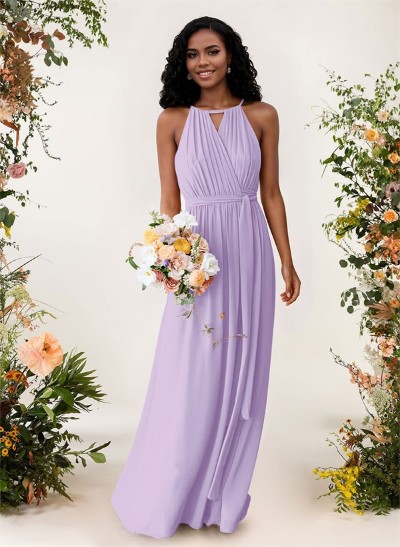 A-Line High Neck Sleeveless Chiffon Floor-Length Bridesmaid Dresses With Sash Pleated