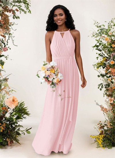 A-Line High Neck Sleeveless Chiffon Floor-Length Bridesmaid Dresses With Sash Pleated