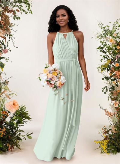 A-Line High Neck Sleeveless Chiffon Floor-Length Bridesmaid Dresses With Sash Pleated
