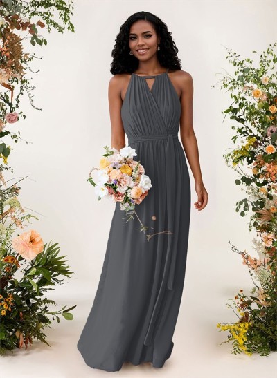 A-Line High Neck Sleeveless Chiffon Floor-Length Bridesmaid Dresses With Sash Pleated