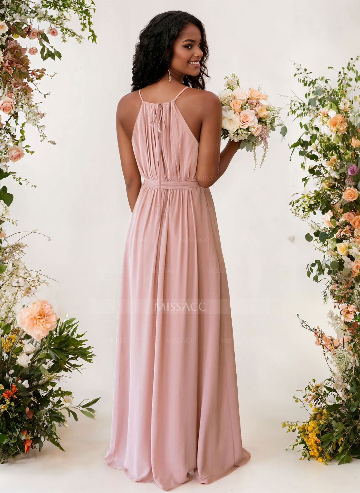 A-Line High Neck Sleeveless Chiffon Floor-Length Bridesmaid Dresses With Sash Pleated