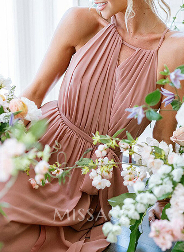 A-Line High Neck Sleeveless Chiffon Floor-Length Bridesmaid Dresses With Sash Pleated