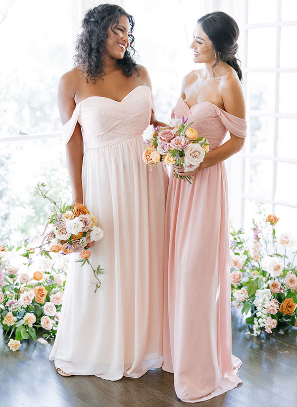 A-Line Off-the-Shoulder Short Sleeves Chiffon Floor-Length Bridesmaid Dresses With Pleated