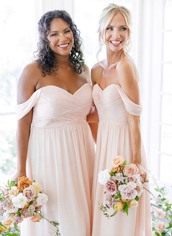 A-Line Off-the-Shoulder Short Sleeves Chiffon Floor-Length Bridesmaid Dresses With Pleated
