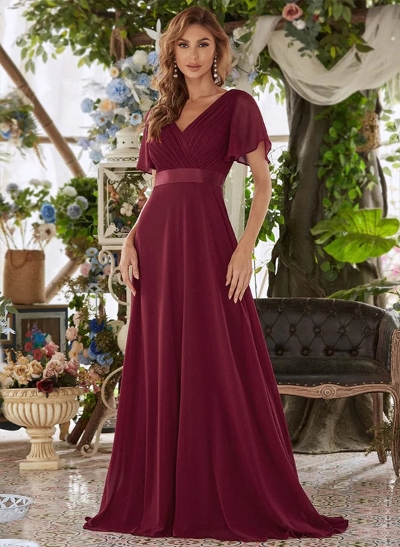 A-Line V-Neck Short Sleeves Chiffon Sweep Train Bridesmaid Dresses With Pleated