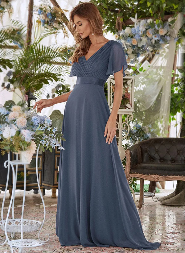 A-Line V-Neck Short Sleeves Chiffon Sweep Train Bridesmaid Dresses With Pleated