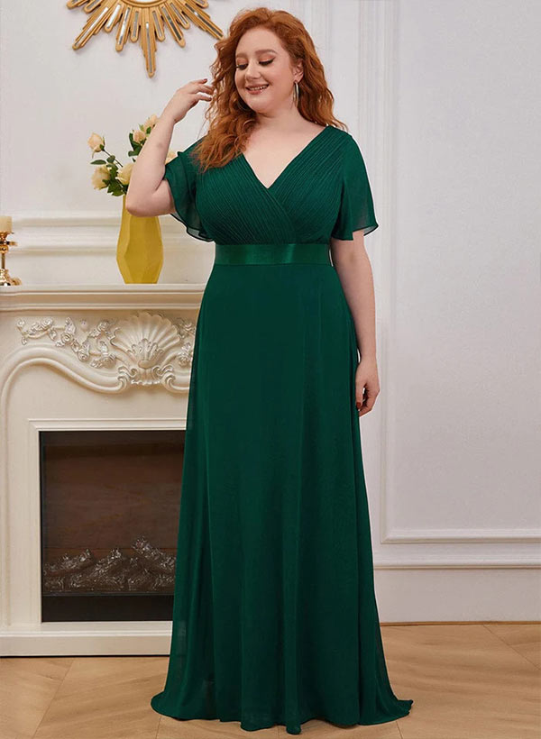 A-Line V-Neck Short Sleeves Chiffon Sweep Train Bridesmaid Dresses With Pleated