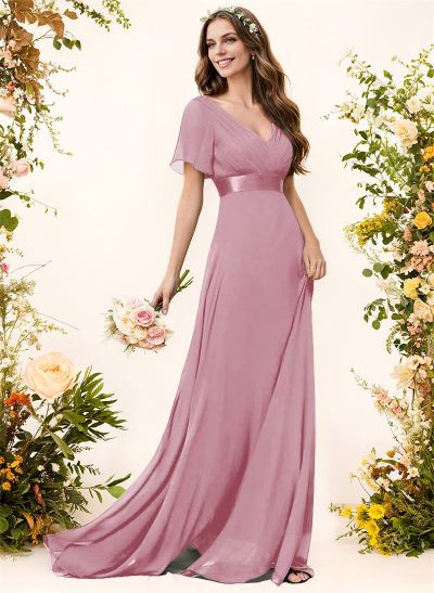 A-Line V-Neck Short Sleeves Chiffon Sweep Train Bridesmaid Dresses With Pleated