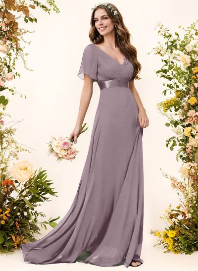 A-Line V-Neck Short Sleeves Chiffon Sweep Train Bridesmaid Dresses With Pleated A-Line V-Neck Short Sleeves Chiffon Sweep Train Bridesmaid Dresses With Pleated