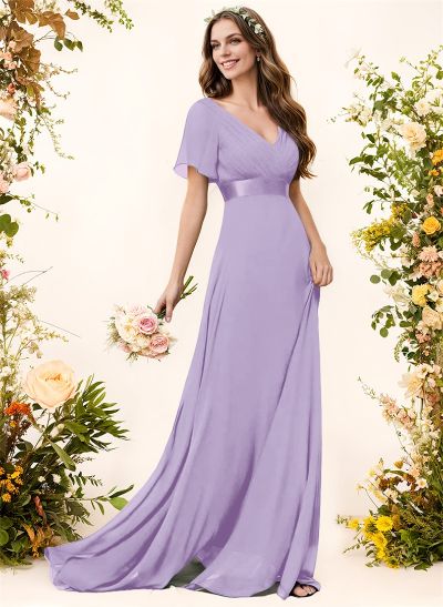 A-Line V-Neck Short Sleeves Chiffon Sweep Train Bridesmaid Dresses With Pleated