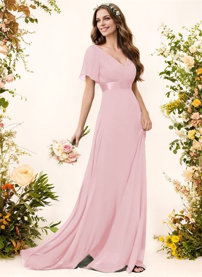A-Line V-Neck Short Sleeves Chiffon Sweep Train Bridesmaid Dresses With Pleated