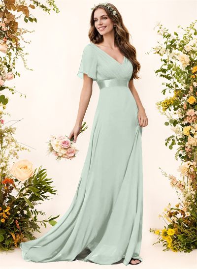 A-Line V-Neck Short Sleeves Chiffon Sweep Train Bridesmaid Dresses With Pleated
