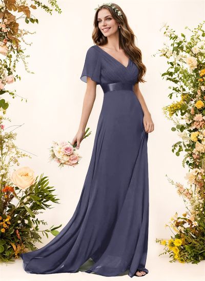 A-Line V-Neck Short Sleeves Chiffon Sweep Train Bridesmaid Dresses With Pleated