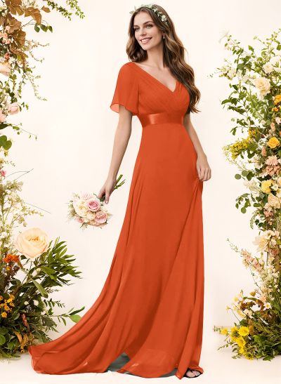 A-Line V-Neck Short Sleeves Chiffon Sweep Train Bridesmaid Dresses With Pleated