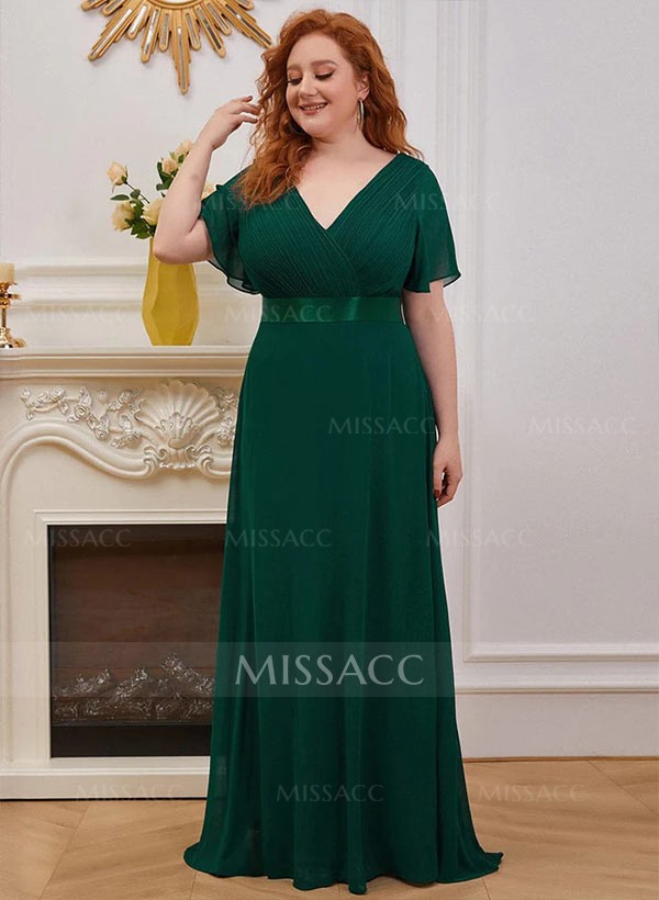 A-Line V-Neck Short Sleeves Chiffon Sweep Train Bridesmaid Dresses With Pleated