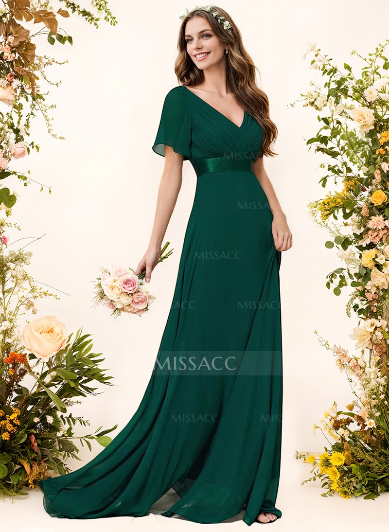 A-Line V-Neck Short Sleeves Chiffon Sweep Train Bridesmaid Dresses With Pleated