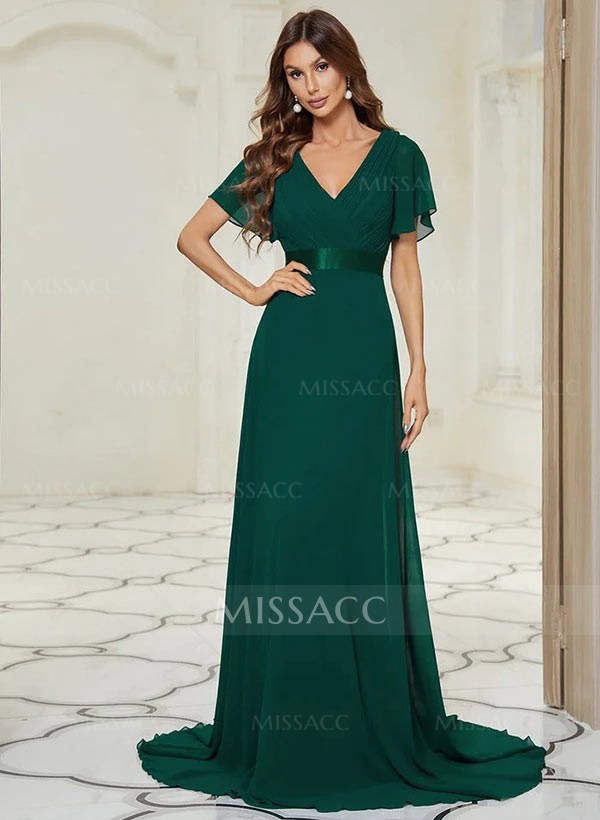 A-Line V-Neck Short Sleeves Chiffon Sweep Train Bridesmaid Dresses With Pleated